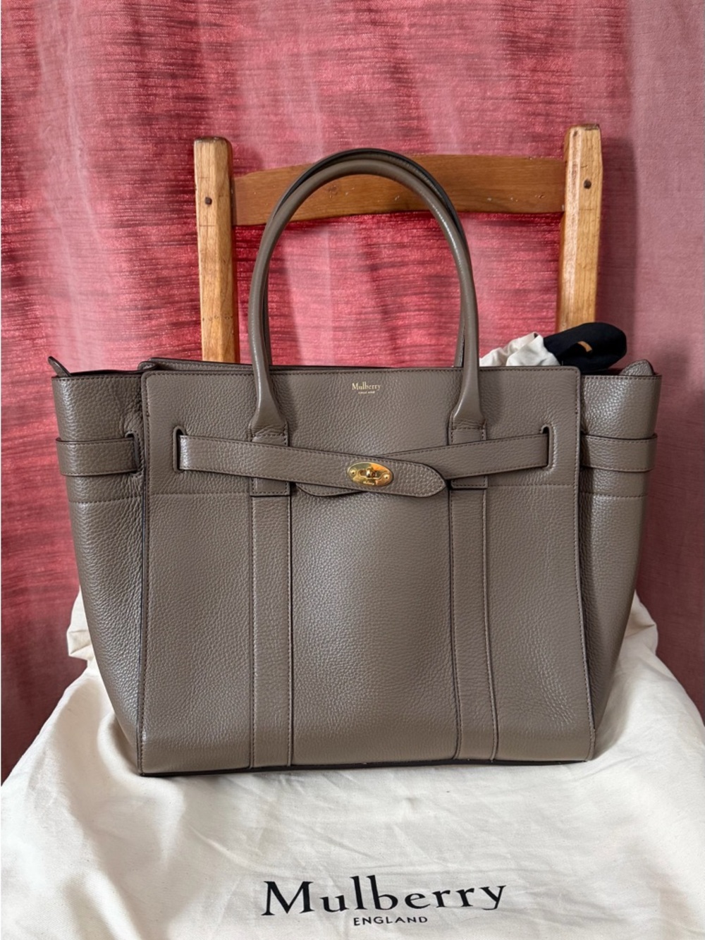 Mulberry Taupe Pebbled Leather Tote with Gold Hardware